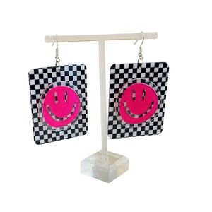 MOD Happy Face Earrings Checkered statement Flashy dangle resin hook Chunky 90s